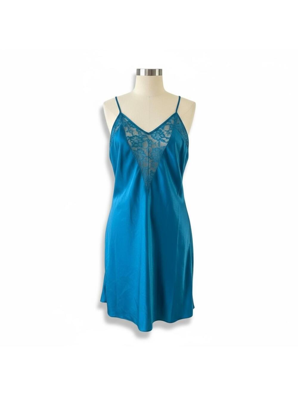 Victoria’s Secret Gold Label teal satin lingerie chemise lace Y2K